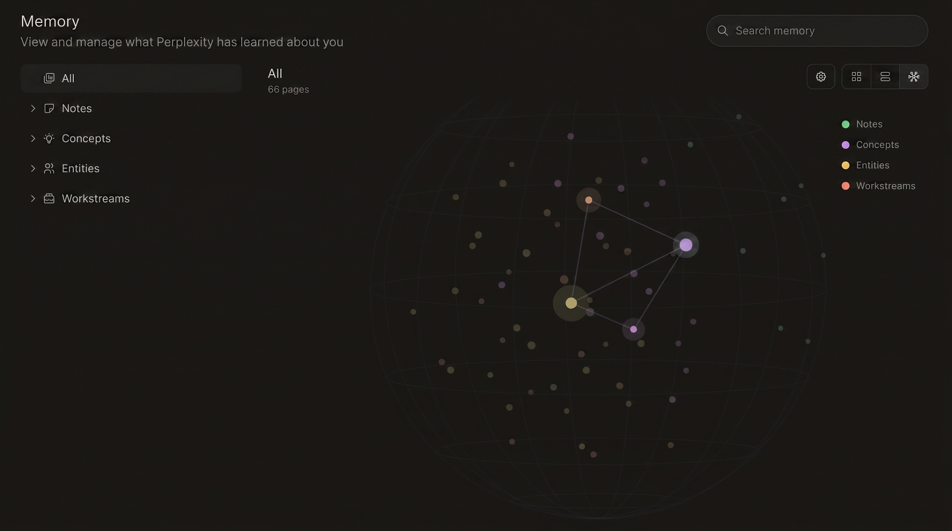 Memory view in Perplexity Computer showing notes, concepts, entities, and workstreams as a connected graph