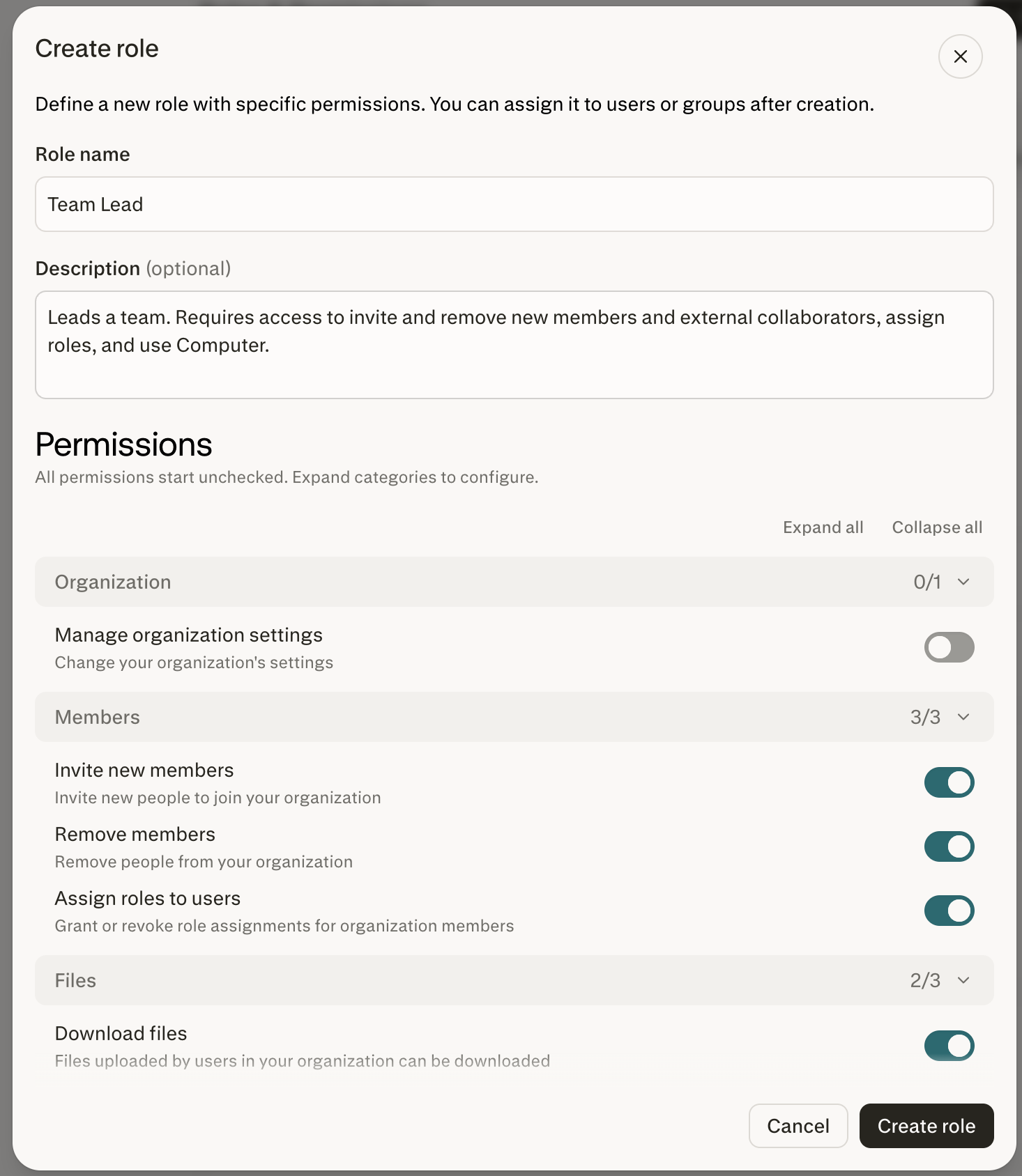 Create a custom role dialog in Roles & Permissions